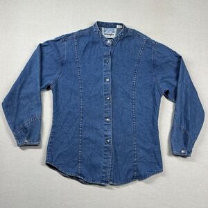 Vintage Wrangler‎ Denim Shirt Womens L Western Wear Band Collar Blouse Saloon